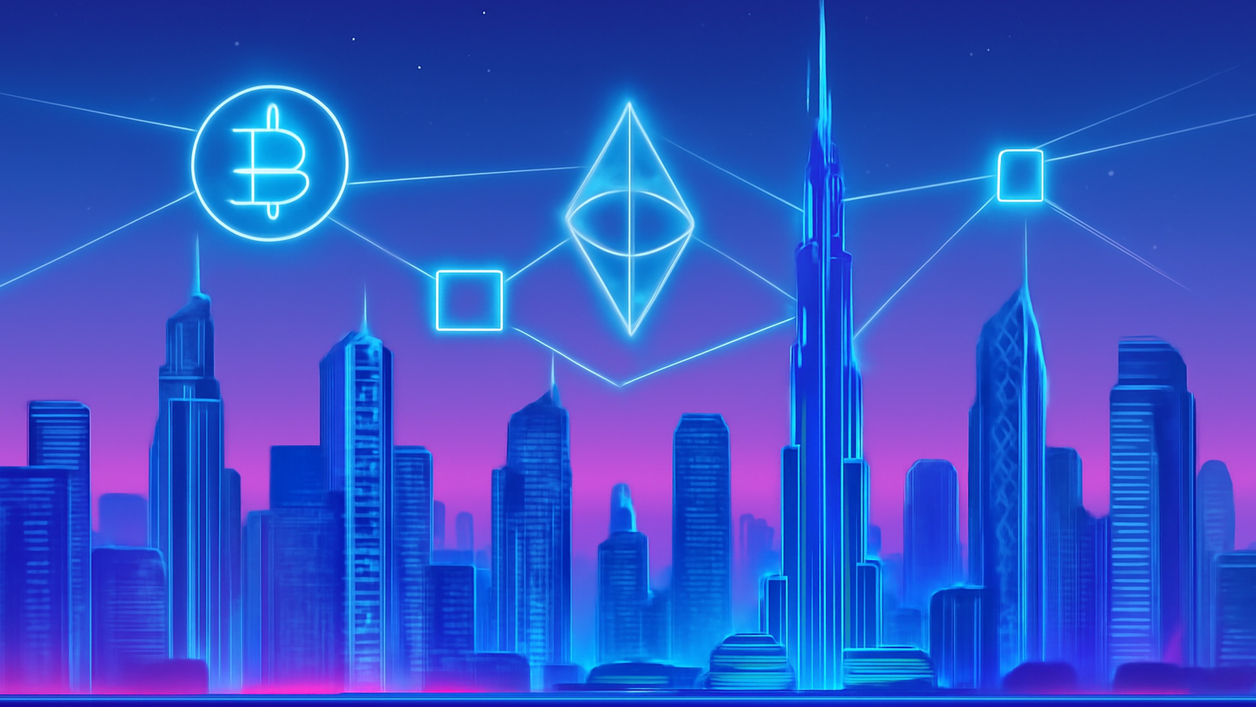 Neon skyline with crypto icons — H2 Softbotics®